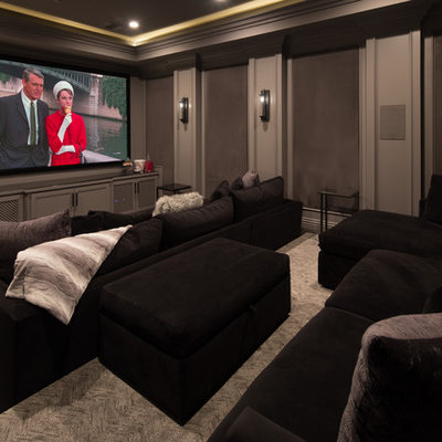 Inspiration for a coastal enclosed carpeted and gray floor home theater remodel in Los Angeles with gray walls and a projector screen