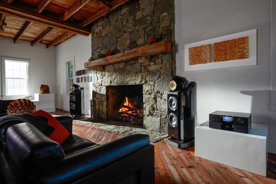 Inspiration for a large rustic open concept medium tone wood floor home theater remodel in New York with white walls