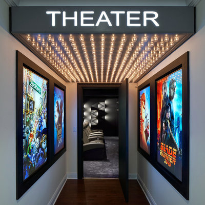 Inspiration for a contemporary carpeted and gray floor home theater remodel in New York with gray walls