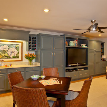 Custom cabinets were built in along one wall of this multi-purpose bonus room.