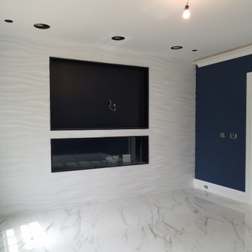 Custom Contemporary Home | Media Room with recessed Monitor & Linear Fireplace