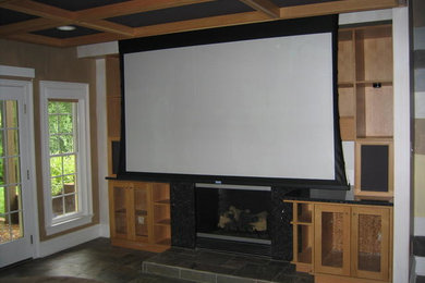 Example of a mid-sized classic enclosed linoleum floor home theater design in Other with beige walls and a projector screen