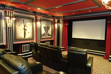 Example of a mid-sized classic enclosed carpeted home theater design in Houston with red walls and a projector screen