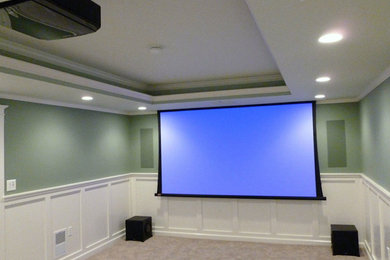 Modelo de cine en casa cerrado clásico de tamaño medio con paredes verdes, moqueta y pantalla de proyección