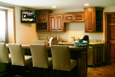 Home theater - mid-sized contemporary porcelain tile and brown floor home theater idea in Raleigh