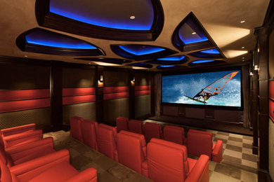 Inspiration for a mid-sized modern enclosed home theater remodel in Los Angeles with a projector screen