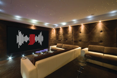Home theater - large transitional enclosed carpeted and brown floor home theater idea in Indianapolis with brown walls