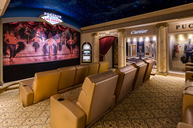 Home theater - large traditional enclosed carpeted home theater idea in Miami with a projector screen