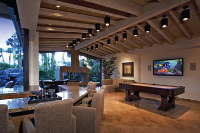 Example of a porcelain tile home theater design in Phoenix with beige walls and a wall-mounted tv