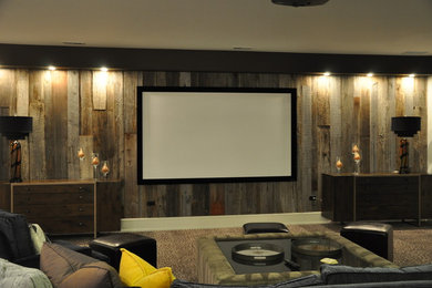 Design ideas for a rustic home cinema in Chicago.