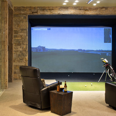 Home theater - rustic home theater idea in Denver