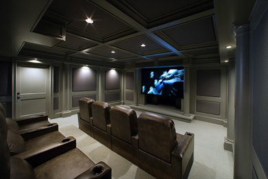 Example of a large classic enclosed carpeted and white floor home theater design in Atlanta with purple walls and a projector screen