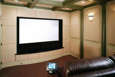 Inspiration for a mid-sized timeless enclosed carpeted and brown floor home theater remodel in Atlanta with white walls and a projector screen