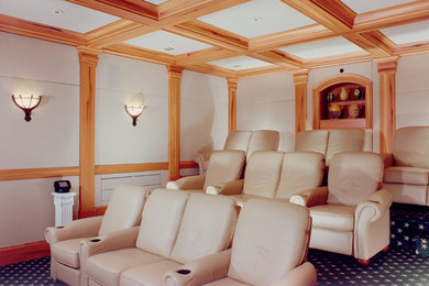 Home theater - large traditional enclosed carpeted and blue floor home theater idea in Atlanta with white walls
