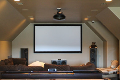 Inspiration for a modern home theater remodel in Austin