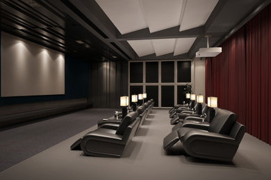 Example of a large minimalist enclosed carpeted and gray floor home theater design in Atlanta with a projector screen and white walls