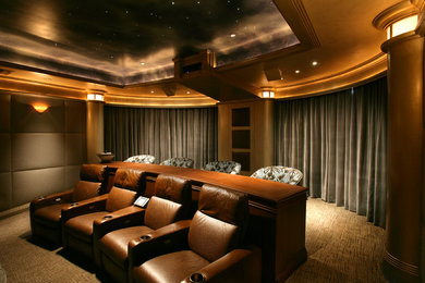 Inspiration for a large timeless enclosed carpeted and brown floor home theater remodel in Miami with brown walls