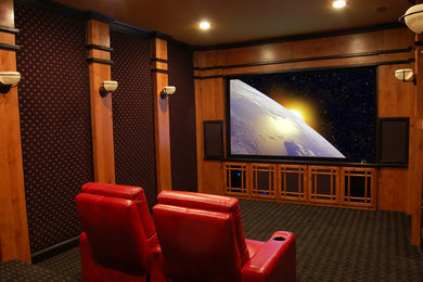 Свежая идея для дизайна: домашний кинотеатр в стиле фьюжн - отличное фото интерьера