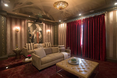Home theater - large shabby-chic style carpeted and red floor home theater idea in Los Angeles with pink walls