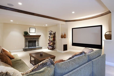 Home theater - large traditional enclosed carpeted and beige floor home theater idea in DC Metro with beige walls and a projector screen