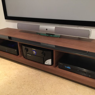 Inspiration for a mid-sized modern enclosed marble floor home theater remodel in Miami with white walls and a projector screen
