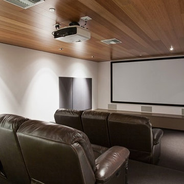 Home Theater With Leather Chairs and Storage