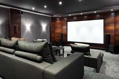 Example of a trendy home theater design in Orange County
