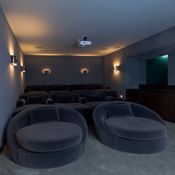 Hopen Place Hollywood Hills modern home theater with underwater pool windows