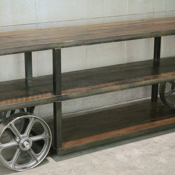 Industrial Trolley Cart/ TV Stand. reclaimed wood, steel/ Media Console