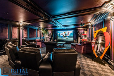 Home theater - large tropical carpeted and multicolored floor home theater idea in Atlanta with purple walls and a projector screen