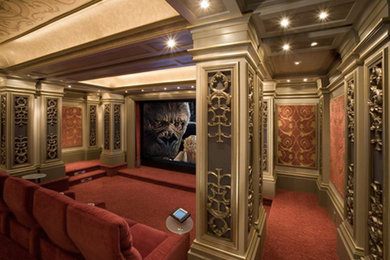 Example of a mid-sized trendy enclosed carpeted and red floor home theater design in Los Angeles with a projector screen