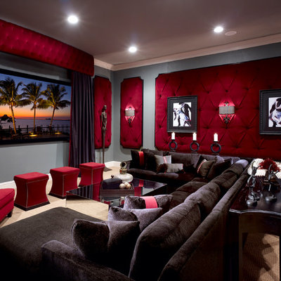 Example of a large classic enclosed carpeted home theater design in Orlando with gray walls and a wall-mounted tv