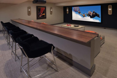 Example of a large eclectic enclosed carpeted and beige floor home theater design in Philadelphia with beige walls and a projector screen