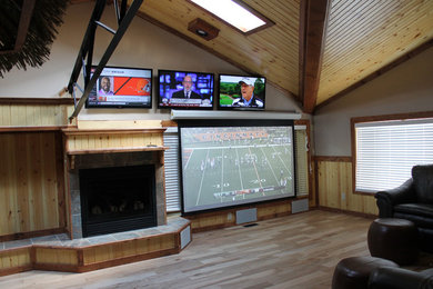 Example of a huge arts and crafts enclosed light wood floor home theater design in Cleveland with white walls and a projector screen
