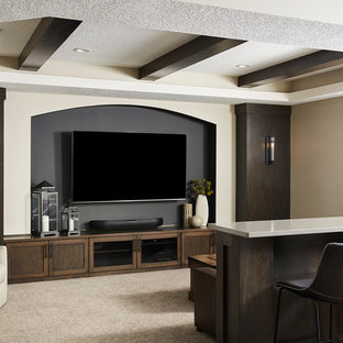 Home theater - mid-sized transitional open concept carpeted and beige floor home theater idea in Minneapolis with gray walls and a wall-mounted tv