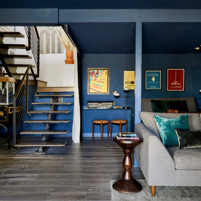 Example of a mid-century modern home theater design in Los Angeles