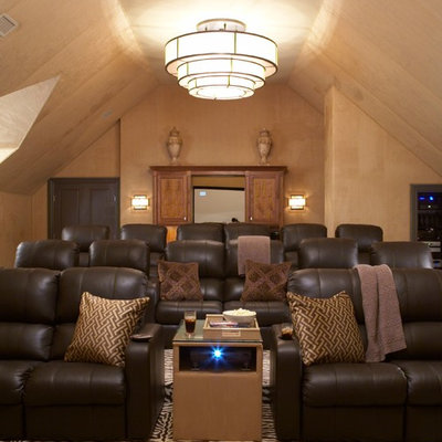 Example of a large classic enclosed carpeted and multicolored floor home theater design in New York with beige walls and a projector screen