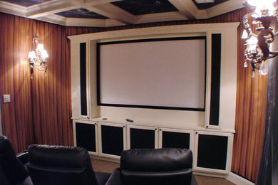 Photo of a traditional home cinema in Houston.