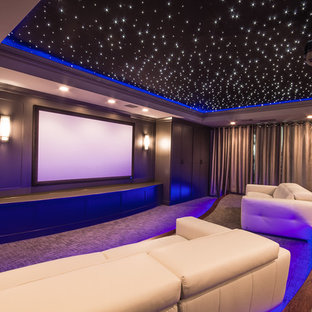 Esempio di un grande home theatre contemporaneo chiuso con pareti grigie, moquette, schermo di proiezione e pavimento grigio