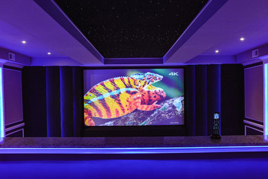 Inspiration for a large contemporary enclosed home theater remodel in DC Metro with brown walls and a projector screen