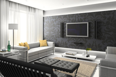Modelo de cine en casa abierto actual de tamaño medio con paredes grises y pared multimedia