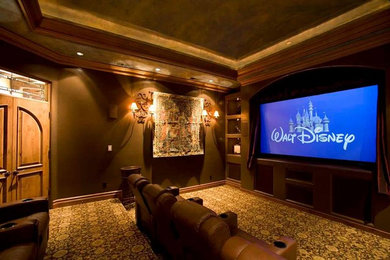 Mid-sized enclosed carpeted home theater photo in Atlanta with brown walls and a projector screen