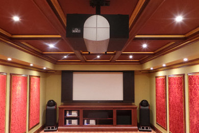 Example of a mid-sized transitional enclosed carpeted home theater design in Toronto with beige walls and a projector screen