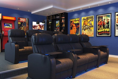 Imagen de cine en casa cerrado clásico de tamaño medio con paredes azules y moqueta