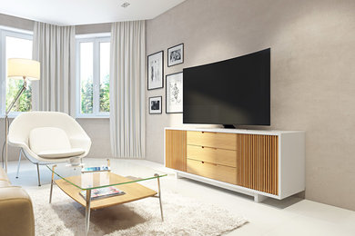 Foto de cine en casa cerrado minimalista de tamaño medio con paredes blancas, suelo de cemento, televisor colgado en la pared y suelo blanco