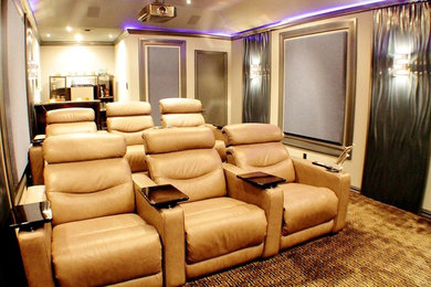 Mid-sized minimalist enclosed carpeted and multicolored floor home theater photo in Dallas with beige walls