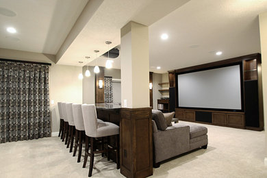 Home theater - huge transitional open concept carpeted and beige floor home theater idea in Minneapolis with beige walls and a projector screen