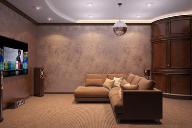 Diseño de cine en casa cerrado vintage de tamaño medio con paredes marrones, moqueta y pared multimedia