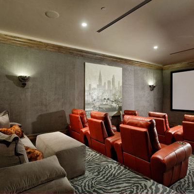Inspiration for a transitional enclosed carpeted and multicolored floor home theater remodel in Denver with gray walls and a projector screen