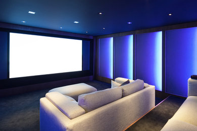 Inspiration for a contemporary home theater remodel in Tampa